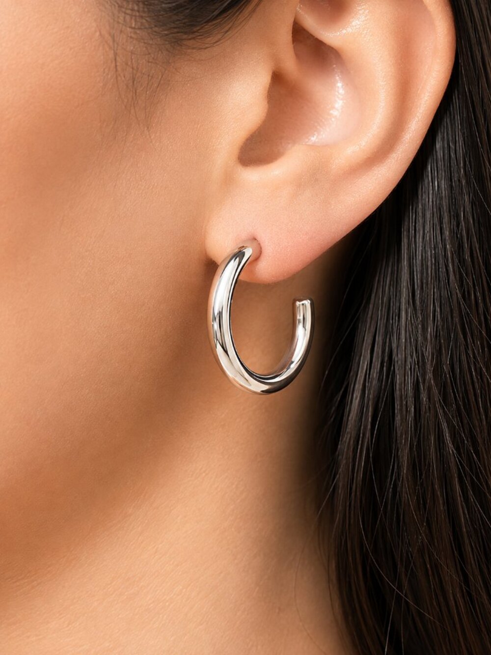 Silver Chunky Half Hoop Stud Earrings Bold Modern - 1" Women's Fashion Jewelry